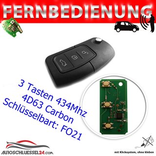 Ersatz Fernbedienung geeignet fr Ford - 3 Tasten FO21 Tibbe Rohling Carbon Chip neuer Typ, Focus, Fiesta, Mondeo