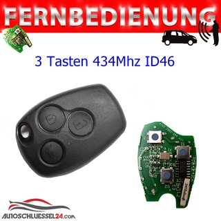 Ersatz Fernbedienung geeignet fr Renault VA02 Rohlinge  - 3 Tasten 434 MHz ID46 geeignet fr Vivaro 2009-, Trafic 2009-, Master 2010-, Modus, Clio 3, Kangoo ab 2009