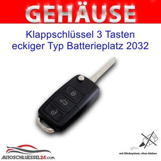 Ersatz Klappschlsselgehuse geeignet fr Volkswagen - 3 Tasten eckig mit Batteriefach 2032, HU66