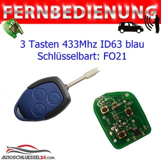 Ersatz Fernbedienung geeignet fr Ford  - 3 Tasten - 433 MHz FO21 Rohling ID63 Blau geeignet fr Ford Transit 2006-2014