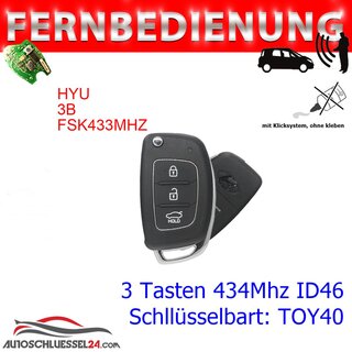 Ersatz Fernbedienung geeignet fr Hyundai - 3 Tasten, 434 MHz, TOY40 Rohling, ID46 7936, Klappschlssel IX35