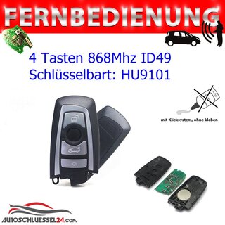 Ersatz Fernbedienung geeignet fr BMW - 4 Tasten 868MHz, HU9101, ID49 Smartcard geeignet fr F Series KEYLESS