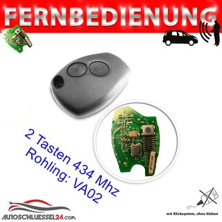 Ersatz Fernbedienung geeignet fr Renault - 2 Tasten 434MHz,  VA02 Bahn Rohling HITAG AES 4A